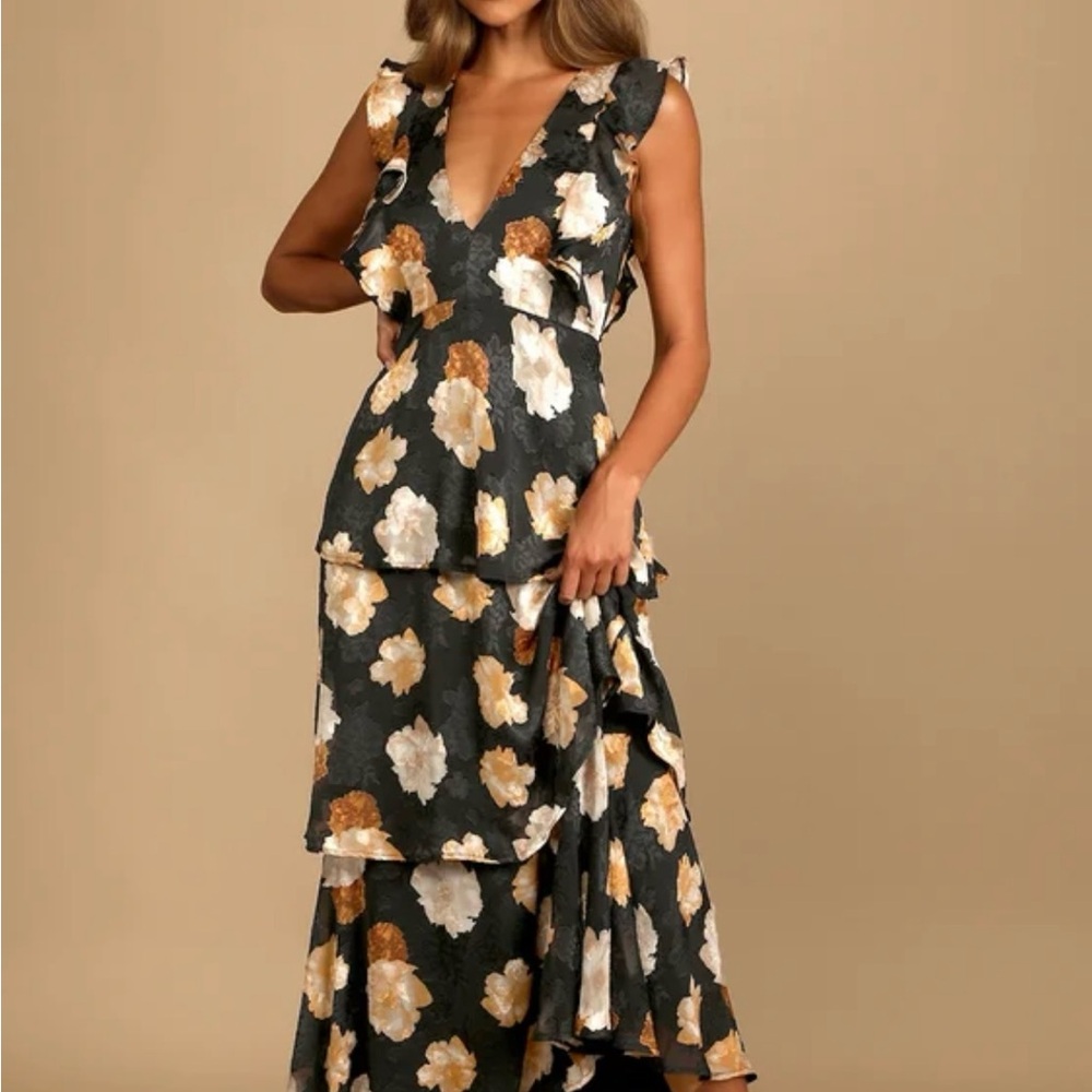 Lulus No Introduction Needed Black Burnout Floral Tiered Maxi Dress NWT